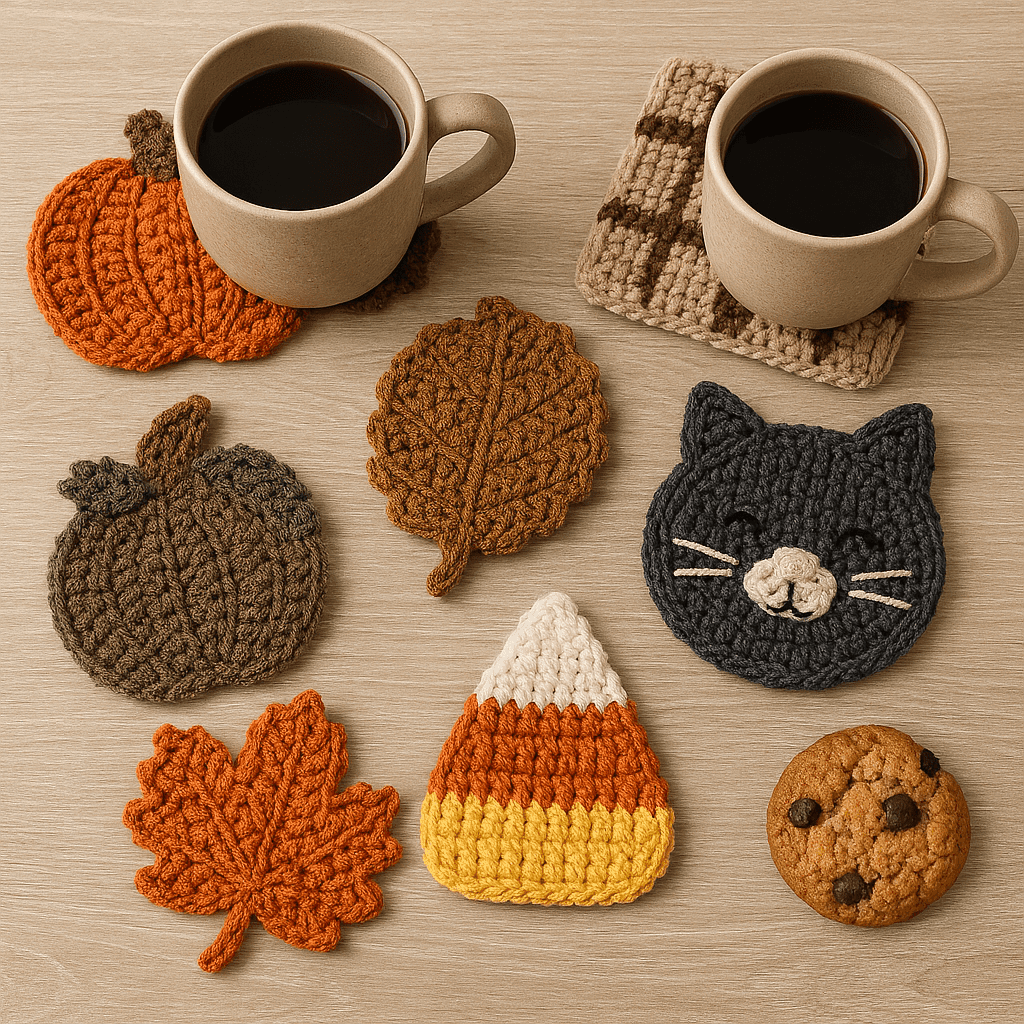 a cozy autumn flat lay with handmade crochet coasters in warm fall tones, showcasing 6 Free Fall Crochet Coaster Patterns