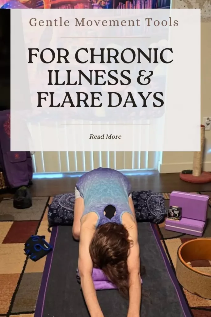 Person in child’s pose on a yoga mat with props, surrounded by cozy decor—highlighting gentle movement for chronic illness and flare days in a supportive home setting.