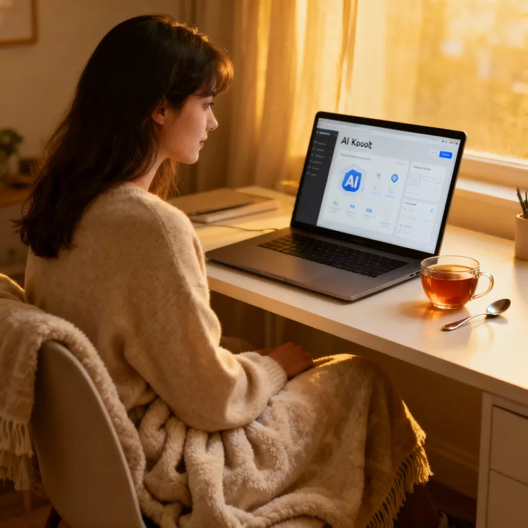 Young woman using Spoonie AI Toolkit at a cozy desk with a laptop, cup of tea, soft blanket, and AI tools visible on screen, designed for chronic illness support