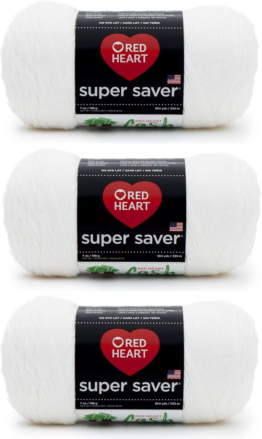 Red Heart Super Saver White Yarn - 3 Pack of 198g/7oz - Acrylic - 4 Medium (Worsted) - 364 Yards - Knitting/Crochet