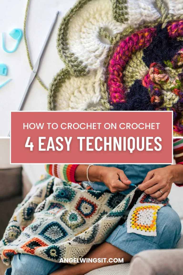 Collage showing tools and techniques for crochet on crochet, including a close-up of multicolored yarn and stitch markers, a bold tutorial title, and a person adding granny squares to a blanket using crochet stitches.
