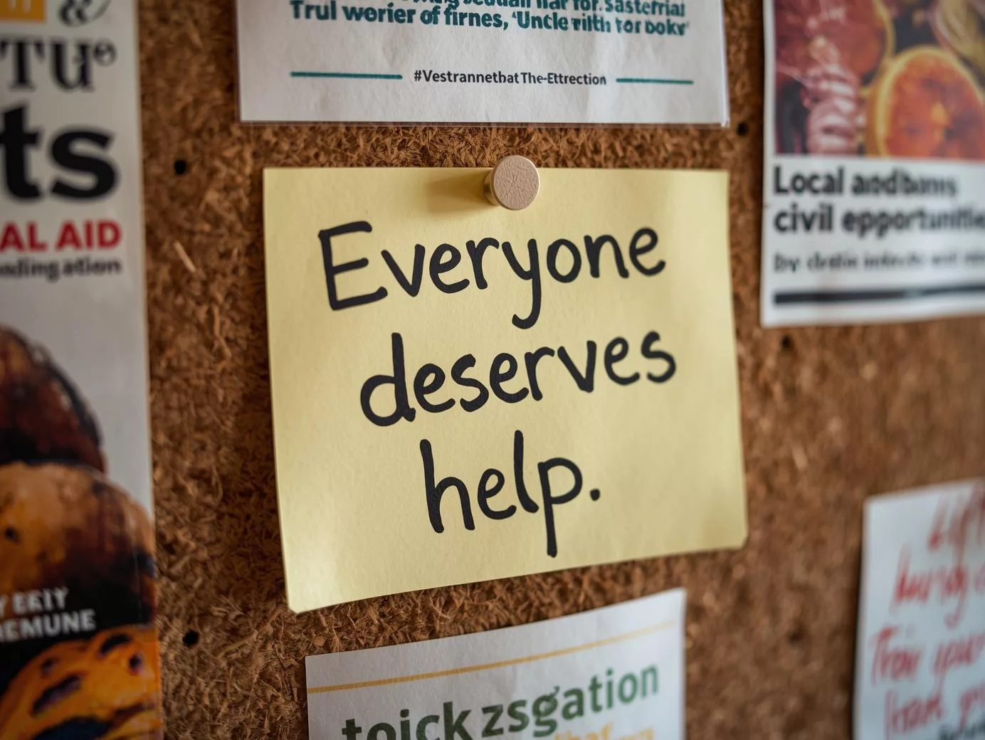 A hand-written note pinned to a bulletin board that says “Everyone deserves help.” Around it are flyers for food banks, mutual aid, and civic engagement. The vibe is hopeful, grassroots, and affirming.