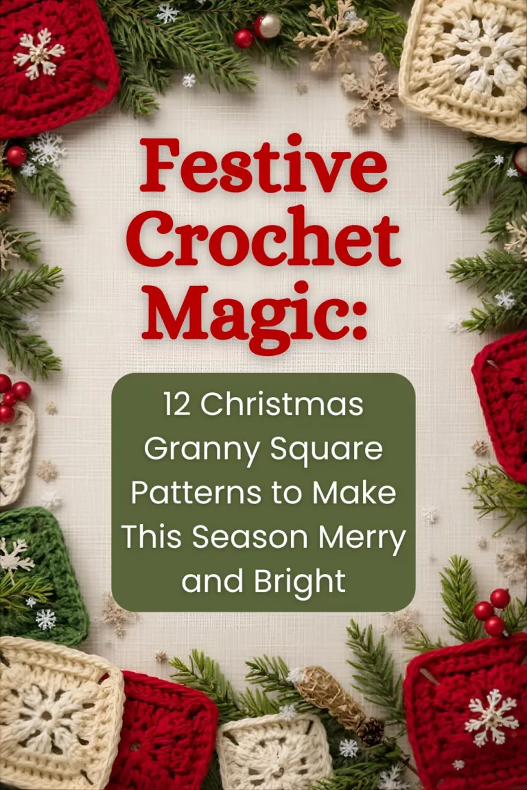 Festive holiday-themed crochet graphic featuring red, cream, and green granny squares with snowflake motifs, pine branches, berries, and ornaments. Central text reads “Festive Crochet Magic: 12 Christmas Granny Square Patterns to Make This Season Merry and Bright.