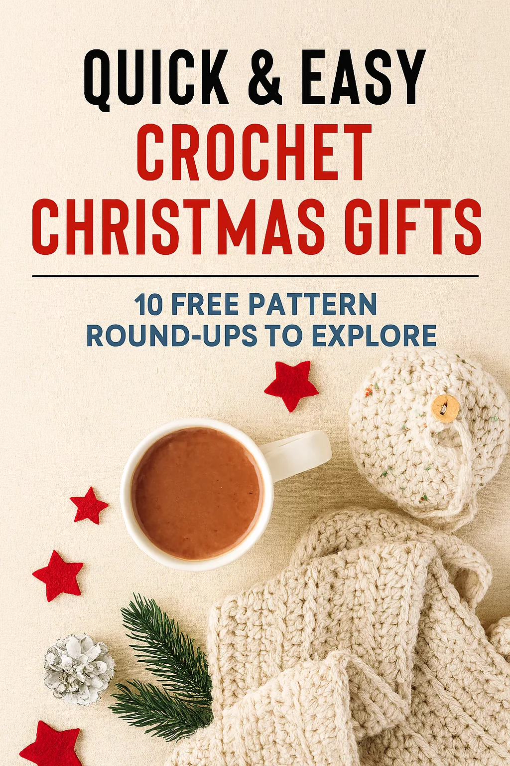 Flat lay of handmade crochet Christmas gifts including a scarf, ornament, and hot chocolate, with festive decorations like pine sprigs and red stars. Text overlay reads “Quick & Easy Crochet Christmas Gifts – 10 Free Pattern Round-Ups to Explore.”