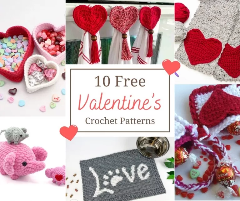 Collage of 10 free Valentine’s crochet patterns including heart-shaped baskets, coasters, scarves, towels, treat bags, a pink elephant amigurumi, and a paw print love mat.