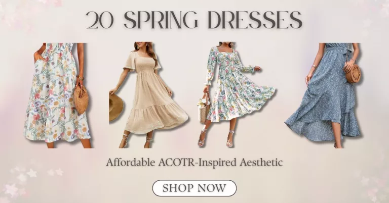 Four affordable spring dresses inspired by ACOTAR aesthetics, including floral, neutral, and wrap styles, arranged in a collage with text reading ‘20 Spring Dresses — Affordable ACOTR‑Inspired Aesthetic.