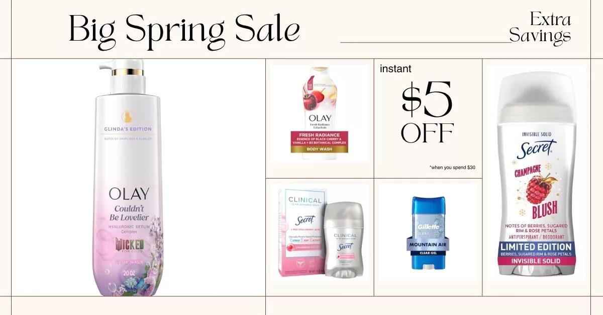 Amazon Big Spring Sale promotional graphic featuring P&G personal care items like Olay body wash, Secret deodorant, and Gillette clear gel, with text highlighting an instant $5 off when you spend $30.
