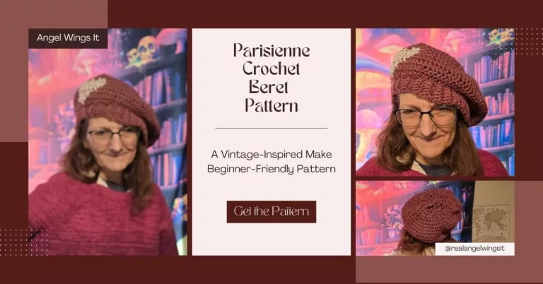 A collage featuring three photos of a person wearing a pinkish‑purple crochet beret with a small white cross‑stitched heart. The background includes colorful bookshelves and a whimsical, fantasy‑style scene. The center panel contains text that reads “Parisienne Crochet Beret Pattern – A Vintage‑Inspired Make – Beginner‑Friendly Pattern – Get the Pattern,” with “Angel Wings It” in the top corner.