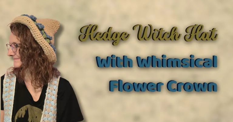 Side view of a handmade Hedge Witch Hat crochet pattern showcasing the pointed tip and blue whimsical flower crown details on a tan base.