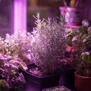 Indoor herb garden under purple LED grow lights with rosemary and basil in terracotta and black pots, demonstrating witchy gardening in low‑light spaces.