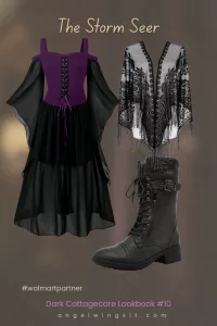 Medieval dress with dramatic trumpet sleeves in purple paired with ankle combat boots – dark cottagecore lookbook outfit from Walmart