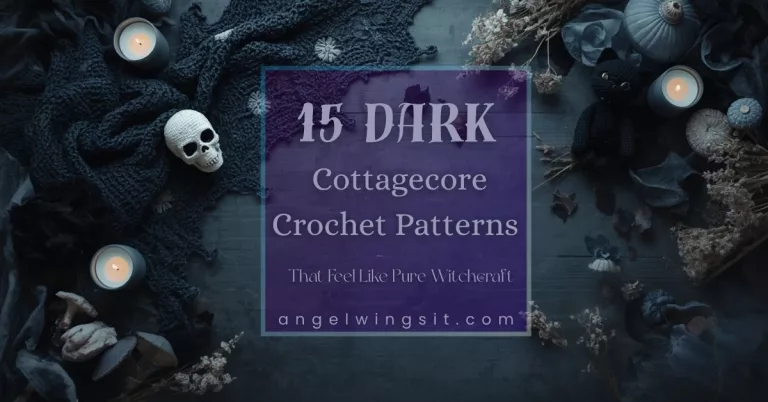 A moody flatlay showcasing dark cottagecore crochet patterns including a skull motif shawl, crescent moon phase wall hanging, black cat amigurumi, and earthy crochet mushrooms arranged on a dark wooden surface surrounded by flickering beeswax candles, dried lavender, and wildflower bundles.