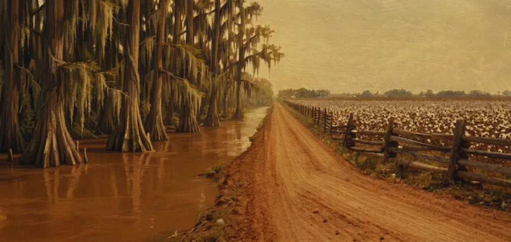 A 1910s Louisiana landscape, the setting for the Southern Gothic mystery The Girl in the Hall.