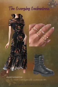 Dark floral gothic mesh midi dress paired with lace-up combat boots – dark cottagecore lookbook outfit from Walmart