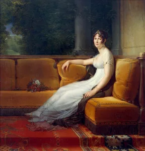 Empress Josephine Bonaparte wearing a high-waisted white Empire gown and a red cashmere shawl, illustrating the shift toward breathable, natural fabrics.
