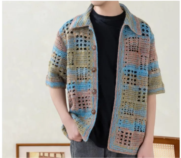 man in crochet shirt