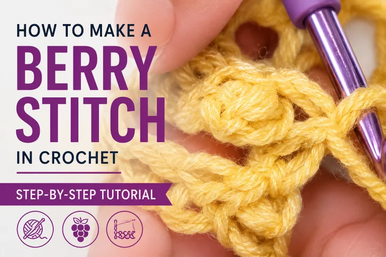 Close-up of a completed row of textured crochet berry stitches in bright orange yarn alongside a purple crochet hook.