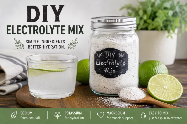 A glass mason jar filled with white homemade electrolyte powder, labeled with a black chalkboard sticker. The jar sits on a rustic wooden table next to a fresh green lime and a glass of water.