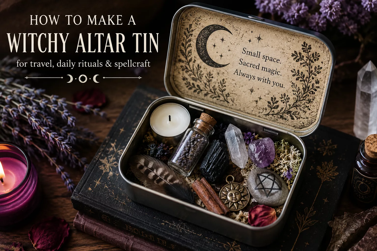 A dark, vertical infographic titled "Create Your Witchy Altar Tin" displaying steps and item ideas. It features illustrations of an open metal tin surrounded by celestial moons, stars, botanical leaves, and small crystals.