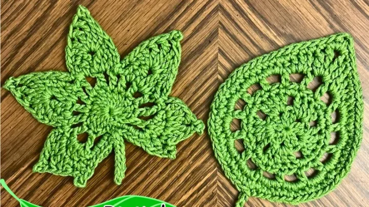 Pair of green crocheted aspen and maple leaves displayed side-by-side with text reading Digital Crochet Pattern.
