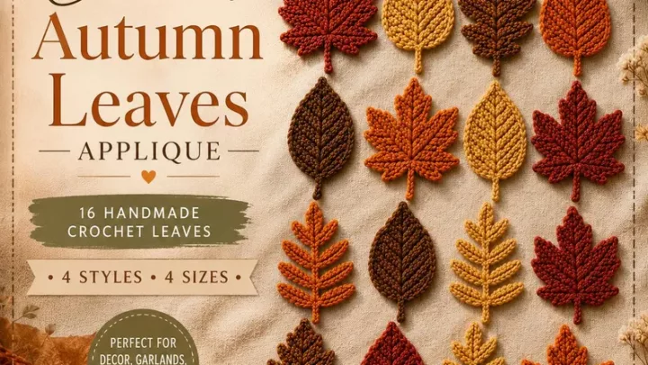 Multiple crocheted autumn leaves arranged on a wooden table with text reading Crochet Autumn Leaves APPLIQUES.