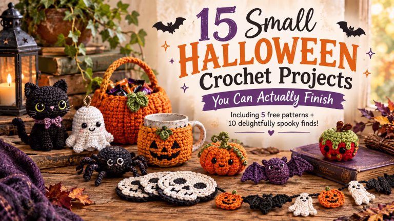 Small Halloween crochet projects including ghosts, bats, pumpkins, spiders, coasters and other quick spooky crochet makes.