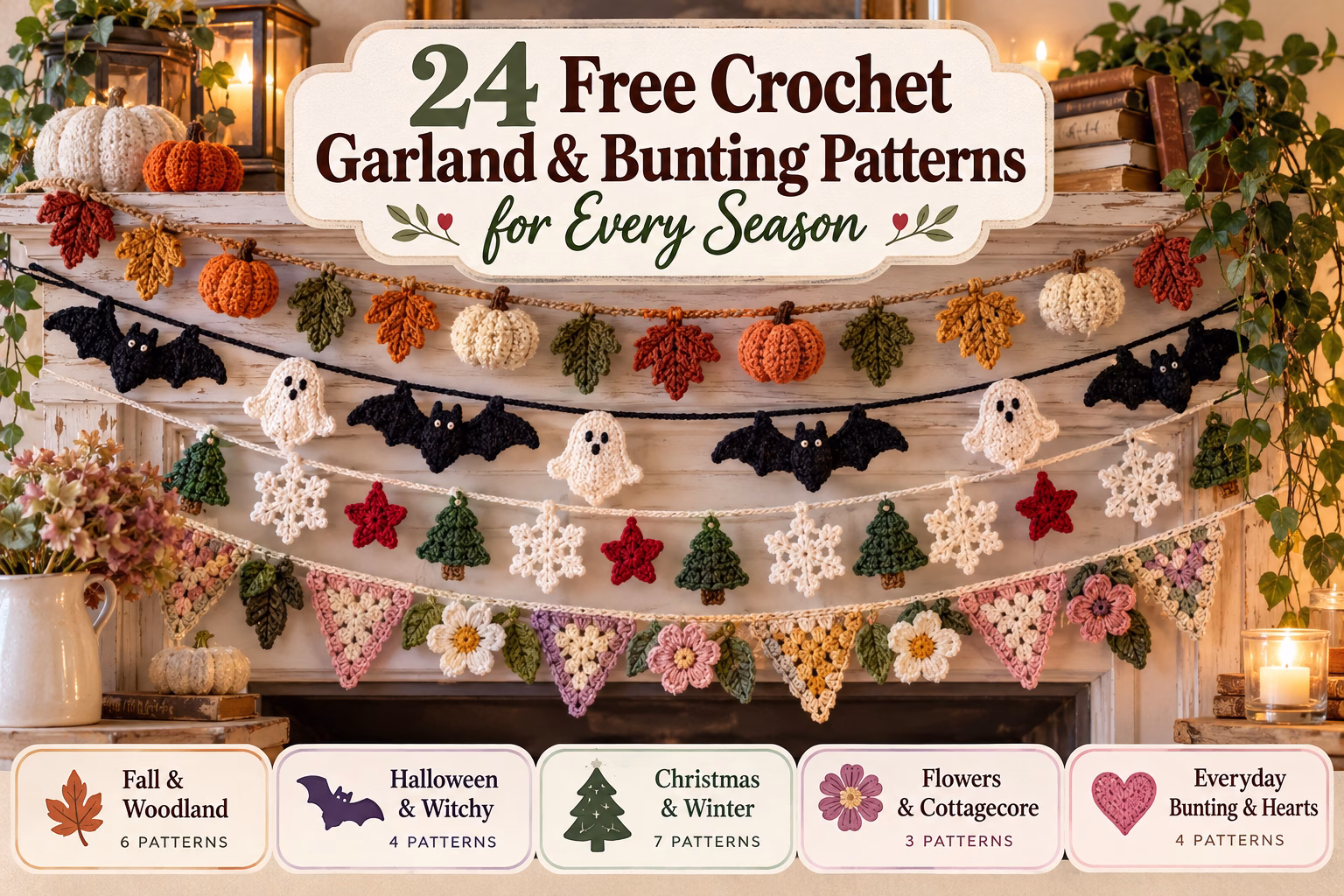 Free Crochet garlands with pumpkins, autumn leaves, bats, ghosts, Christmas trees, snowflakes, flowers and granny bunting with text reading ‘24 Free Crochet Garland & Bunting Patterns for Every Season.