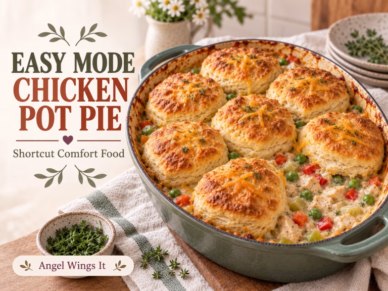 Easy Mode Chicken Pot Pie with creamy chicken and vegetables topped with golden biscuits and a light scattering of cheddar.