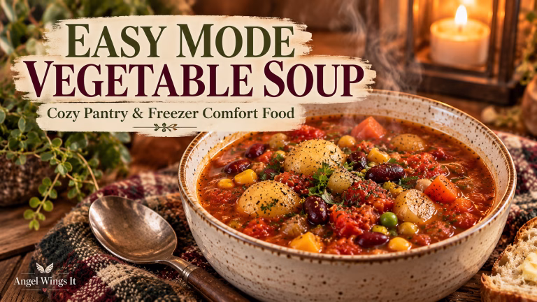 Bowl of hearty Easy Mode vegetable soup with potatoes, beans, tomatoes and mixed vegetables in a cozy kitchen setting, with text reading “Easy Mode Vegetable Soup: Cozy Pantry & Freezer Comfort Food.”