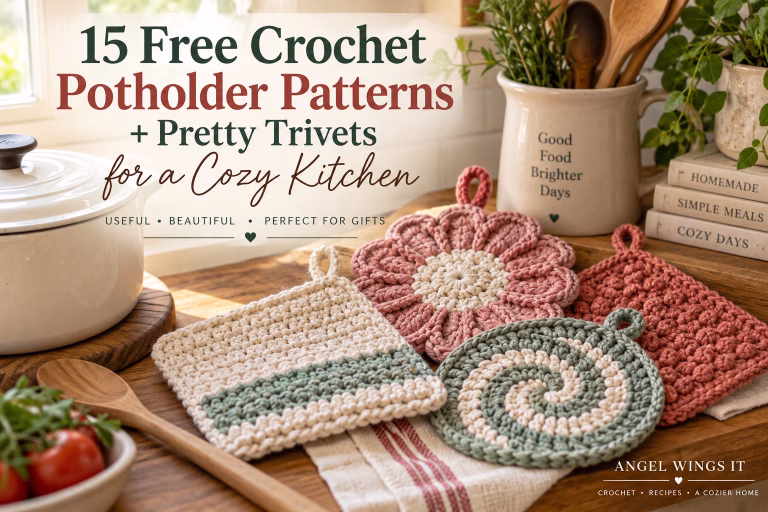 Handmade crochet potholders and textured trivets displayed in a kitchen, featured for a free pattern roundup.