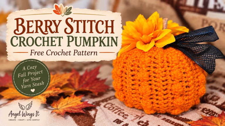 Orange berry stitch crochet pumpkin with a flower, black ribbon and twig stem