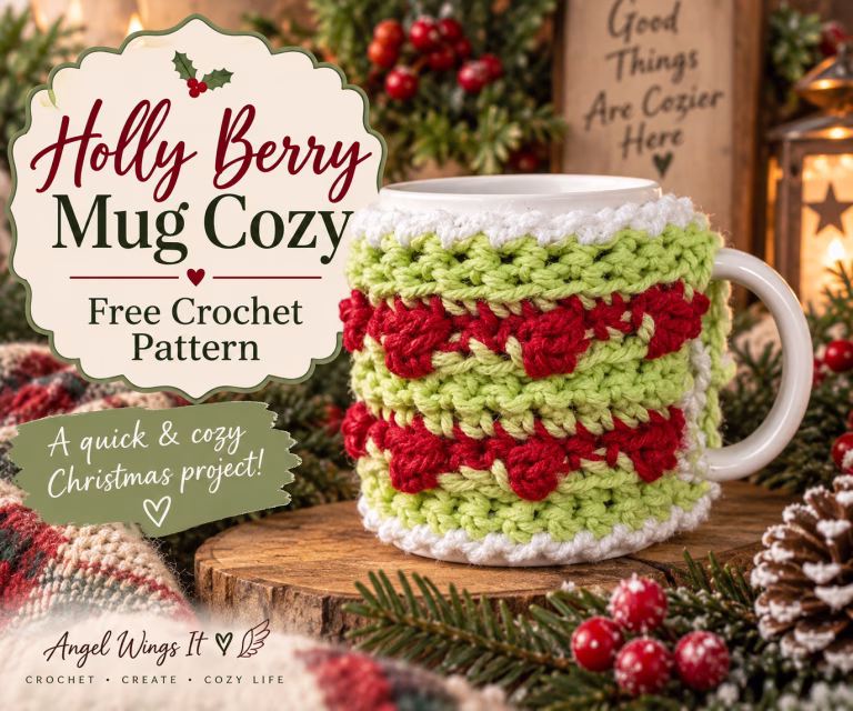 Green and red Holly Berry crochet mug cozy with raised berry stitches and white crab stitch border wrapped around a white coffee mug