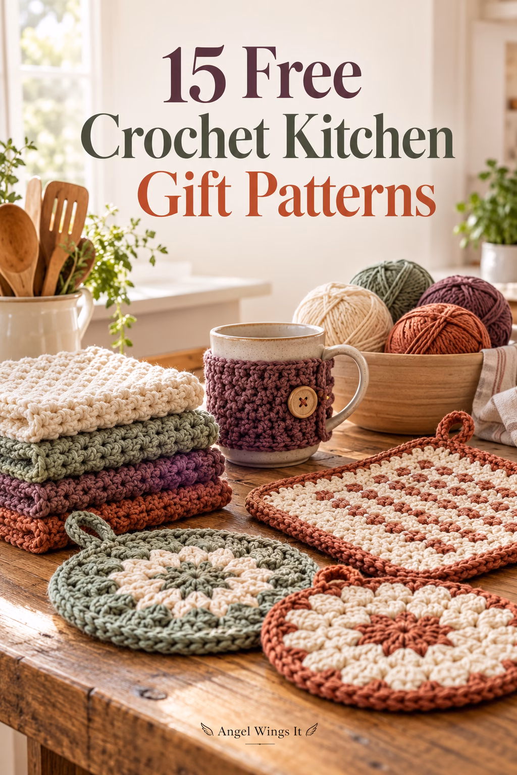 Crocheted dishcloths, potholders, a mug cozy, and cotton yarn arranged on a warm wooden kitchen table