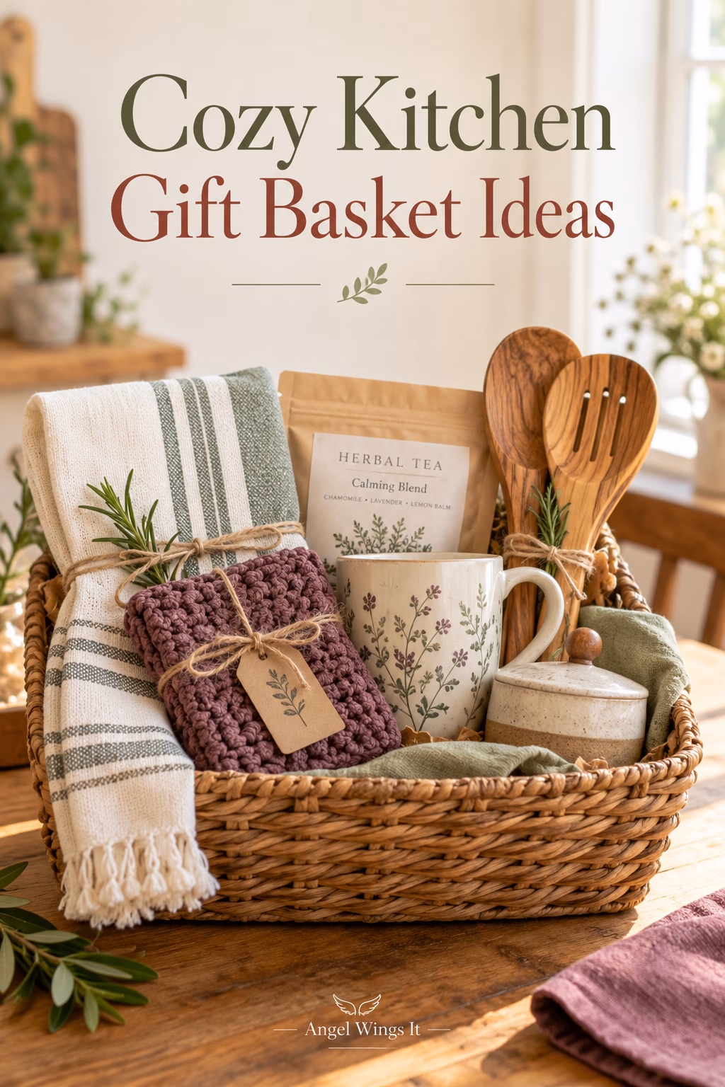 A practical woven kitchen gift basket with a towel, crocheted dishcloth, ceramic mug, tea, and wooden utensils