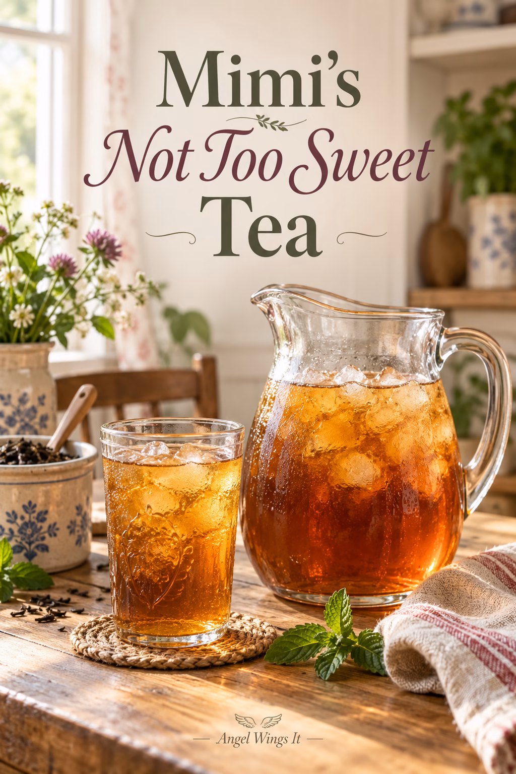 A glass pitcher and glass of amber iced tea on a familiar wooden kitchen table with mint leaves nearby