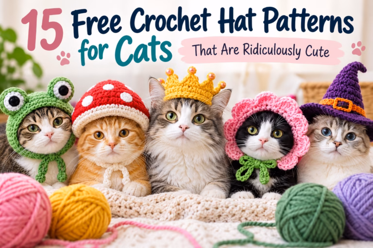 A whimsical collection of cats modeling handmade crochet hats, including woodland, floral, fantasy, and Halloween designs. Featured image for a roundup of 15 free crochet patterns.