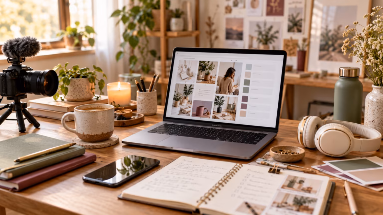 Warm creator workspace with laptop, notes, coffee, and practical tools for an Amazon Influencer workflow.
