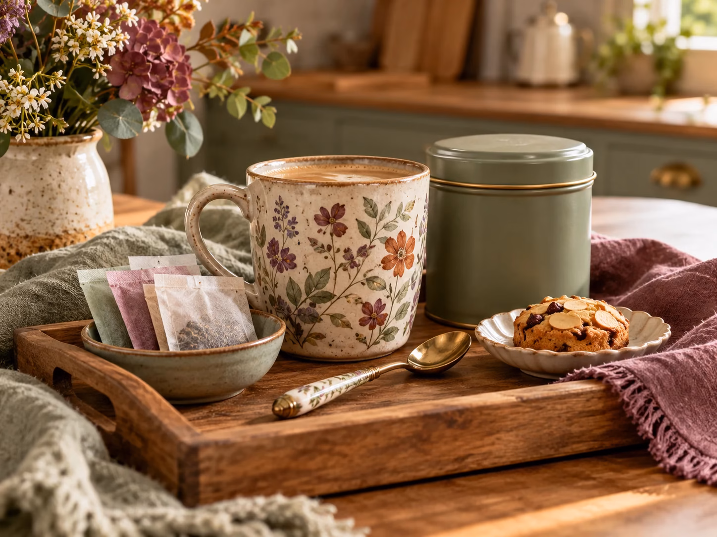 Coffee and tea gift arranged with a ceramic mug, tea bags, storage tin, spoon, and small treat.