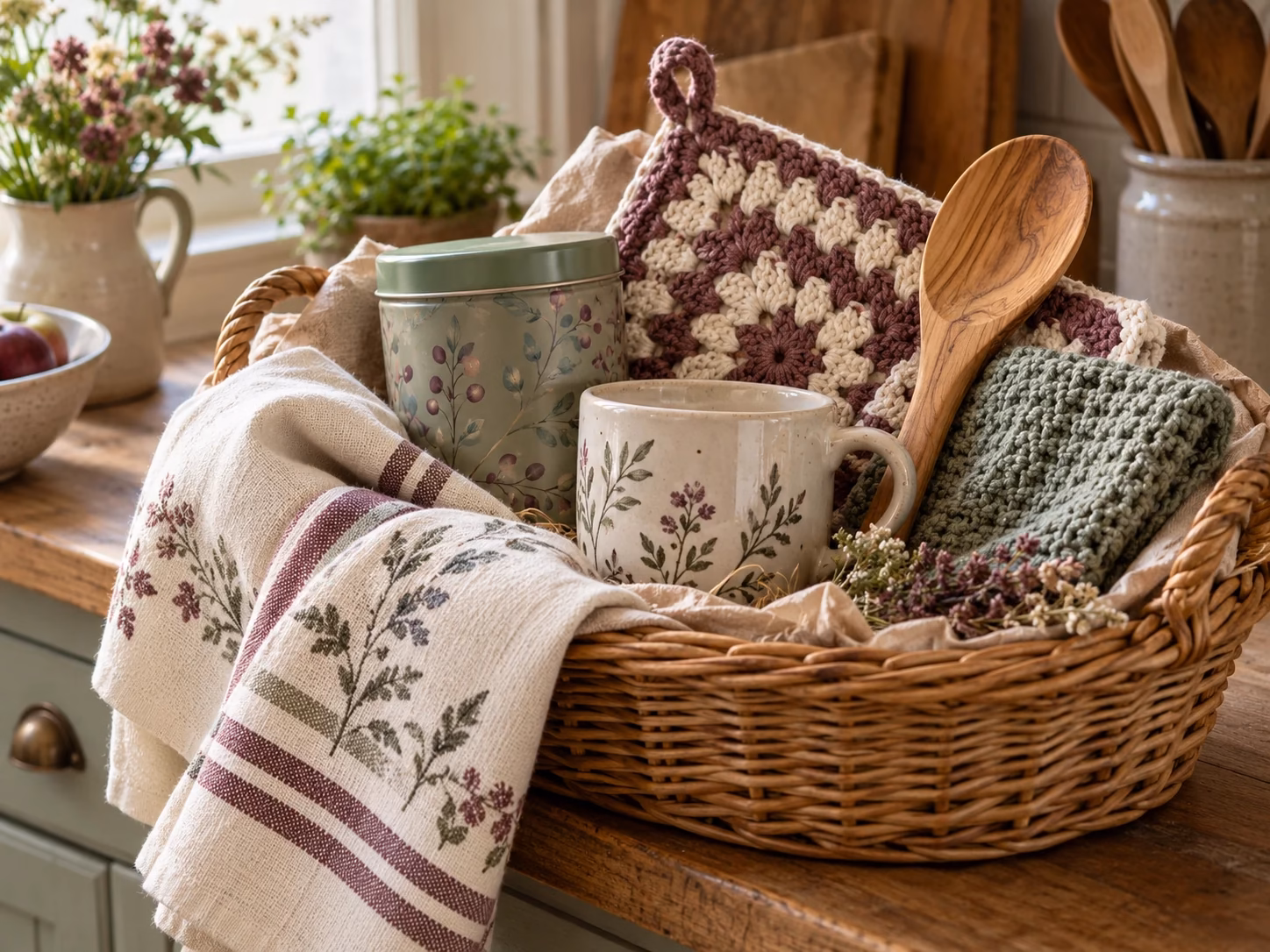 Cozy cottage kitchen gift basket with cotton towels, crocheted kitchen pieces, a mug, wooden utensil, and tea.