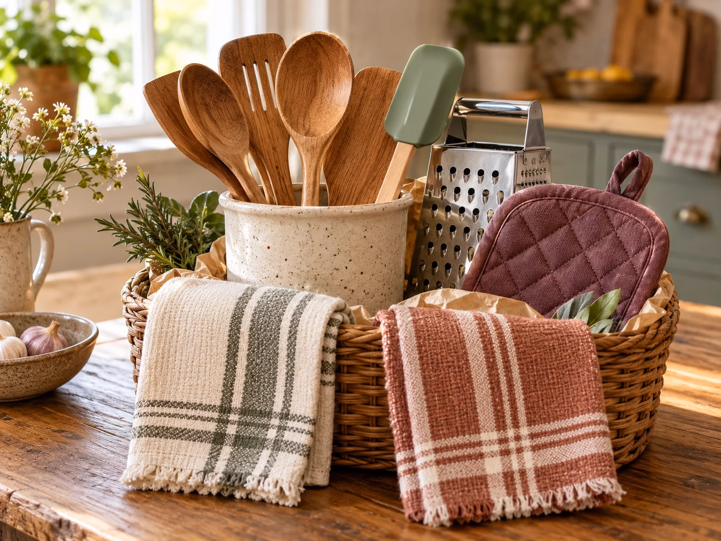 Everyday kitchen gift basket with dish towels, wooden utensils, a box grater, and a cotton potholder.