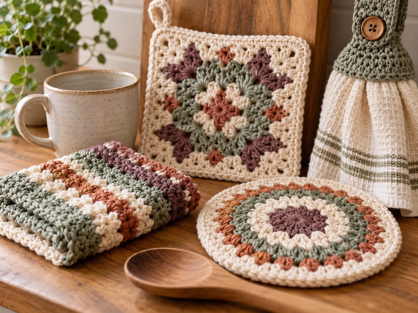 Handmade crochet kitchen gifts featuring textured cotton dishcloth, potholder, trivet, towel holder, mug, and wooden spoon.