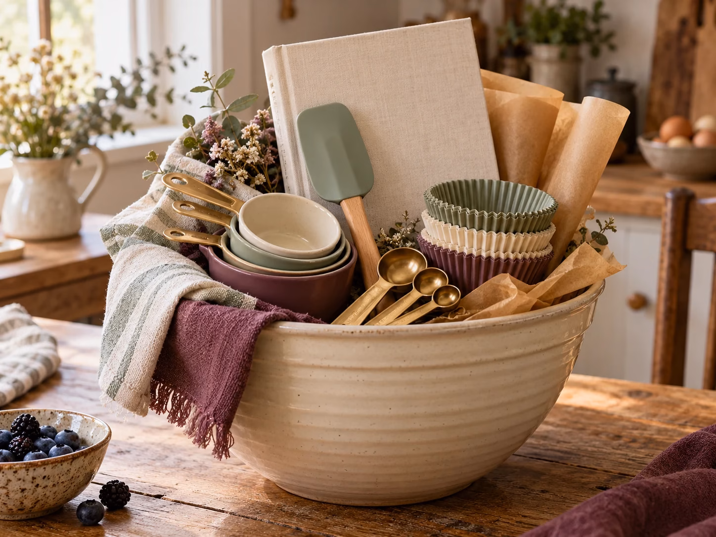 Home baker gift arranged in a mixing bowl with measuring cups, baking liners, parchment, and a spatula.
