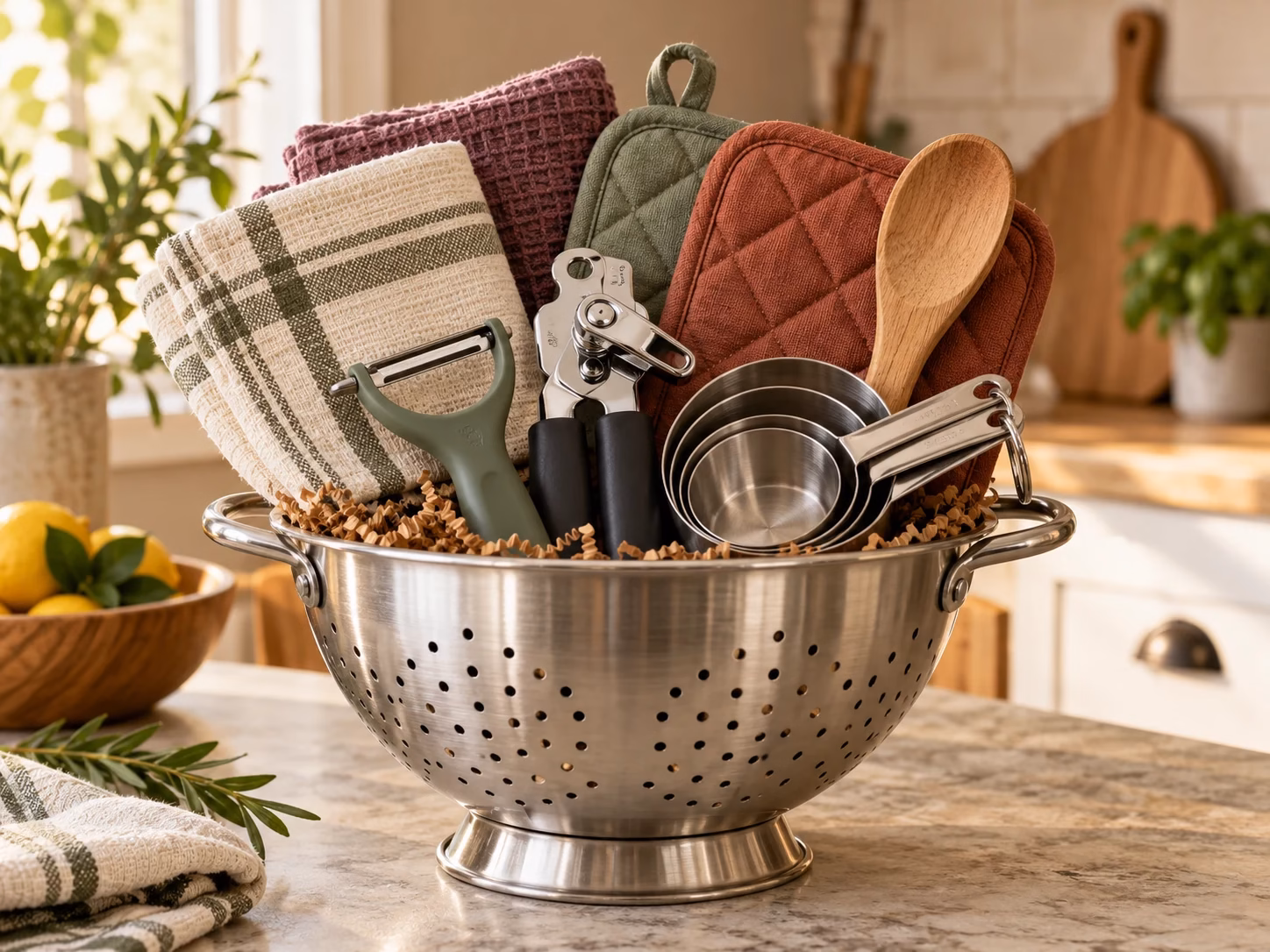 New home kitchen gift arranged in a colander with towels, potholders, measuring cups, a peeler, and can opener.