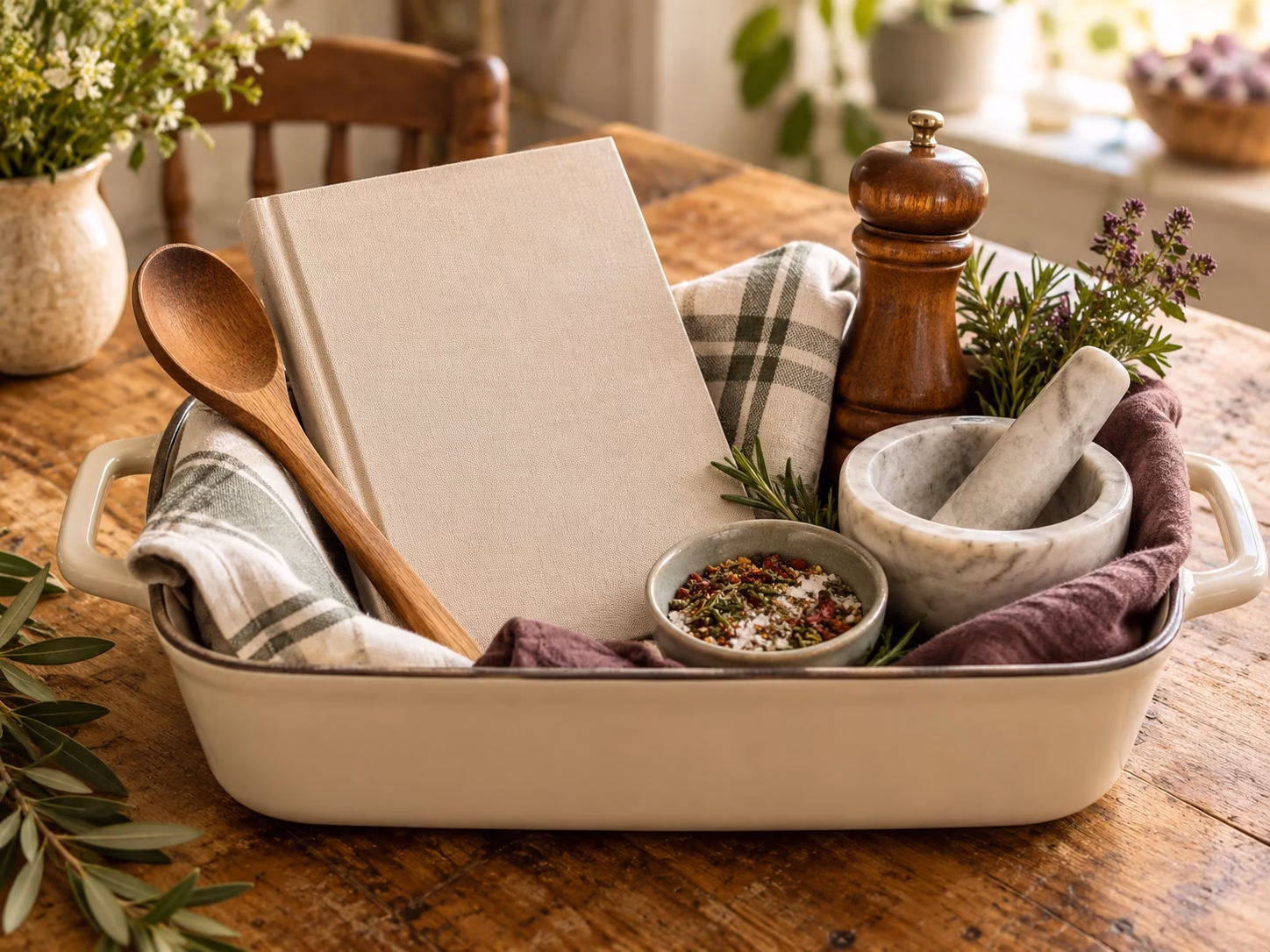 Slow Sunday cooking gift arranged in a casserole dish with cookbook, wooden spoon, spices, pepper grinder, and tea towel.