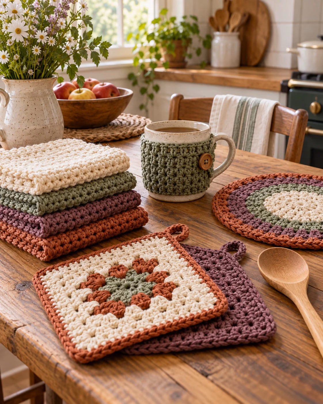 Crocheted cotton dishcloths, potholders, a mug cozy, and a trivet arranged on a warm cottage-kitchen table