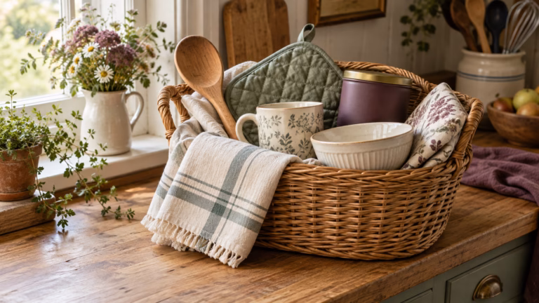 Reusable wicker kitchen gift basket filled with practical towels, utensils, a mug, bowl, and potholder.