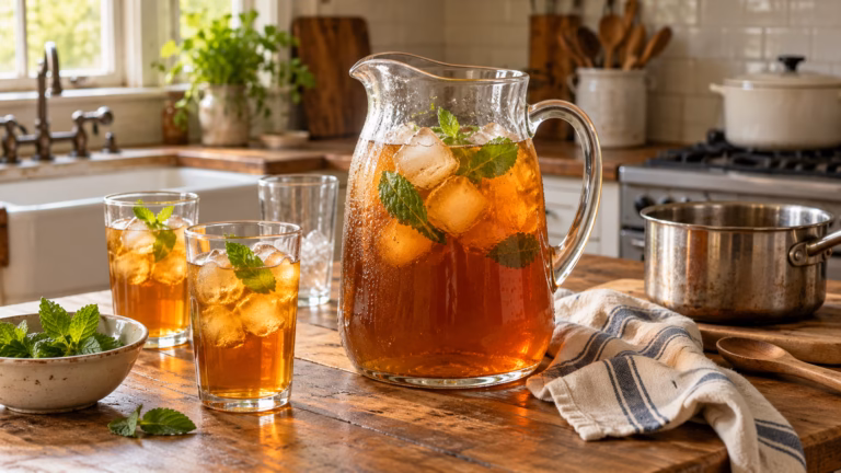 Pitcher of amber iced tea with mint in a lived-in Southern kitchen.