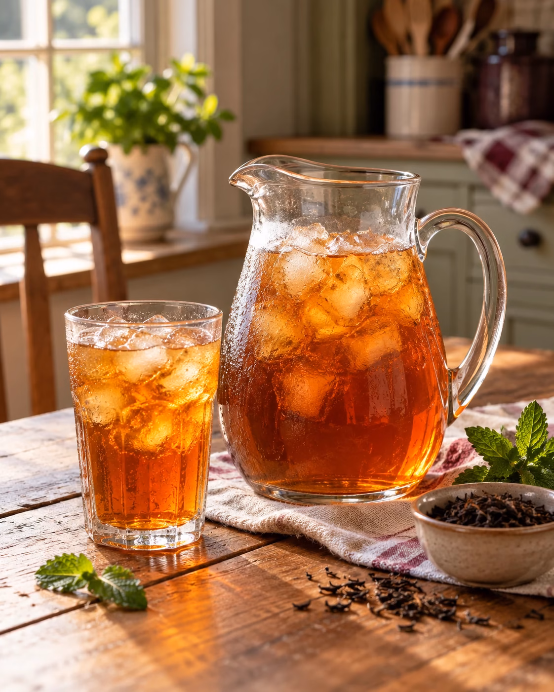 A pitcher of amber iced tea and a filled glass on a cozy wooden kitchen table with mint and black tea nearby