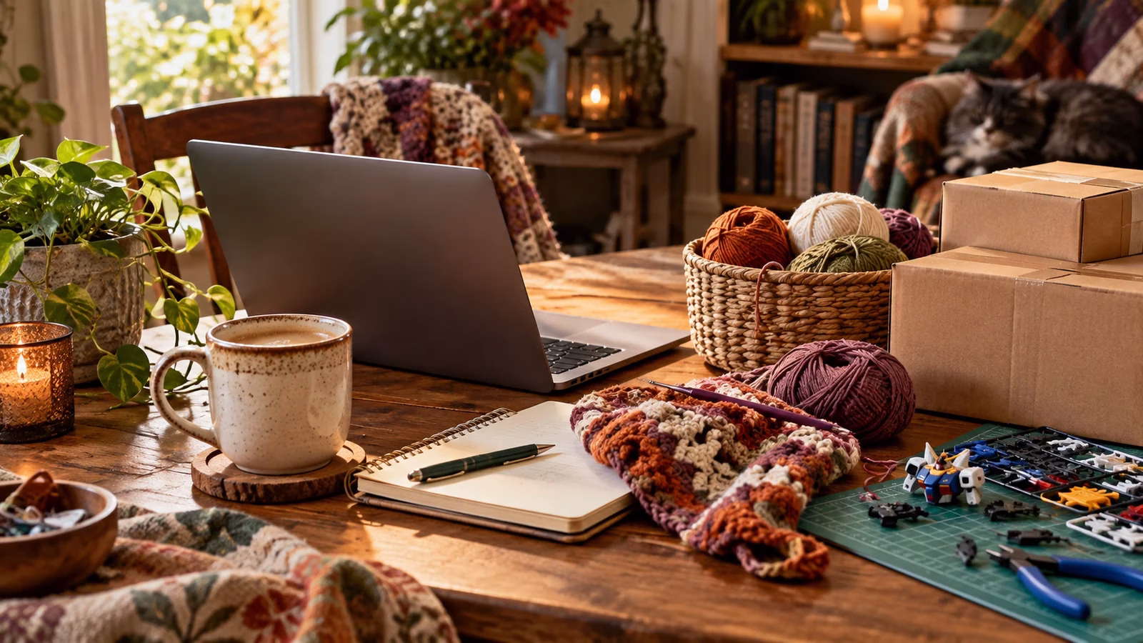 Laptop, coffee, crochet supplies, delivery boxes, and model-building supplies arranged on a warm wooden table.