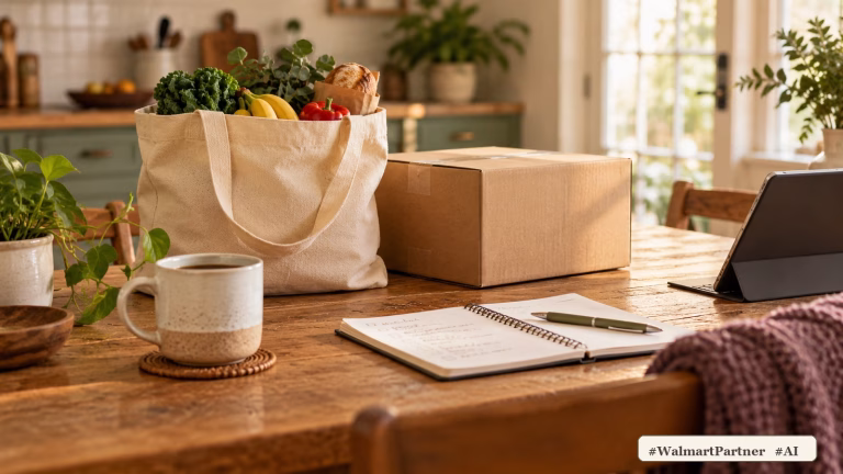 Groceries, a delivery box, notebook, tablet and coffee on a warm kitchen table representing Walmart+ and Amazon Prime membership benefits.